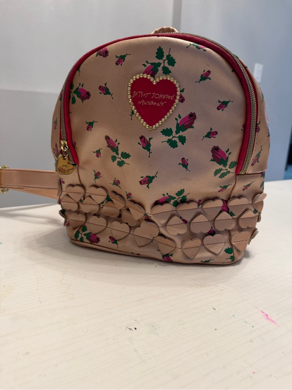 Betsey Johnson Beige Pink Rose Heart Appliqué Mini Backpack